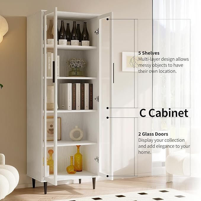 TUSY 70.9“ H Bookshelf with Glass Doors, 5-Tier Display Curio Cabinet with Drawers, Narrow Display Bookcase for Home, Office, Clinic, Pantry (White, C)
