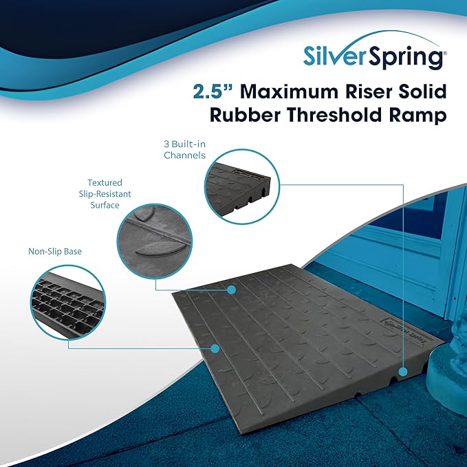 Silver Spring 2.5" High Rubber 3-Channel Threshold Ramp for Wheelchairs, Mobility Scooters, and Power Chairs, with Slip-Resistant Surface - DH-UP-8