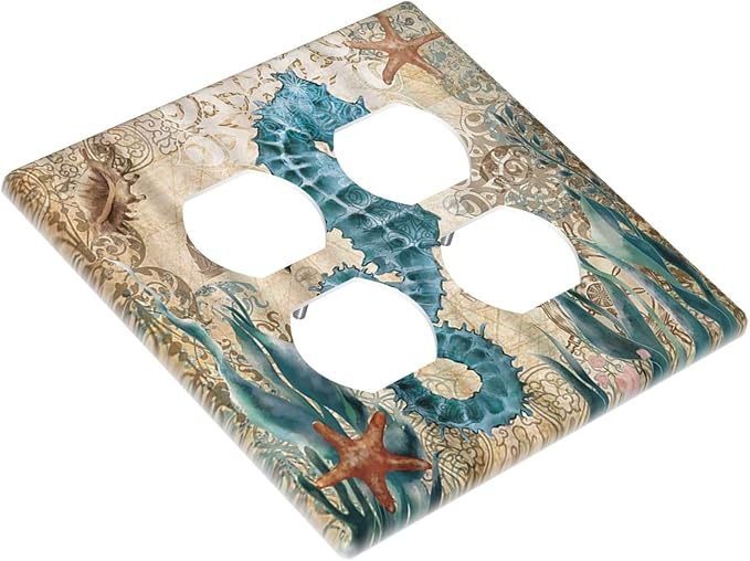 Hippocampus Funny Blue Ocean Creature Outlet Covers 2-Gang Duplex Light Switch Cover Plate Decorative Gfci Wall Plate Electrical Receptacle Switch Plate Covers Plug Faceplate for Bedroom Decor