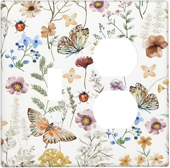 Boho Multicolor Flower Butterfly Insect Floral Wallplates 1 Toggle 1 Duplex Switch Plate Electrical GFCI Faceplate Decorative Light Switch Covers for Bedroom Living Room Decor