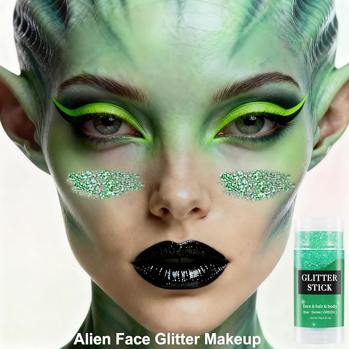 MEICOLY Green Body Glitter Stick,Christmas Hair Glitter Stocking Stuffers for Women,Green Accessories for Spirit Week,Alien Face Glitter,St Patricks Day Accessories,Chunky Glitter for Mardi Gras