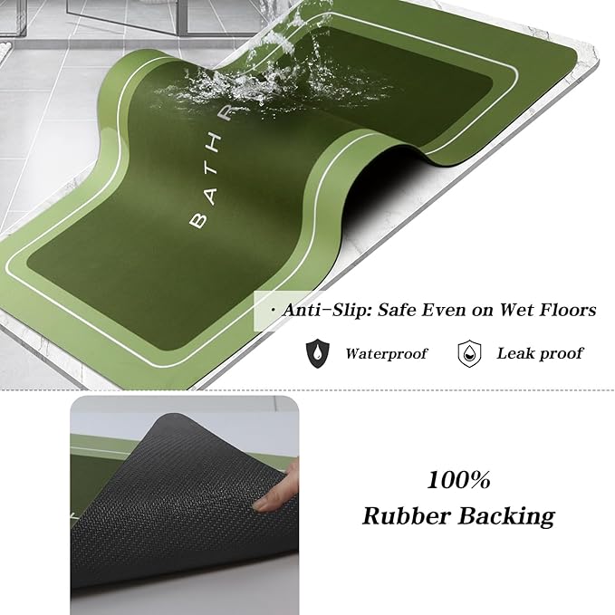 Bath Mat, Super Absorbent Non Slip Quick Dry Thin Rubber Mats for Bathroom Floor, Fit Under Door, Shower Rug for Bathtub, Green