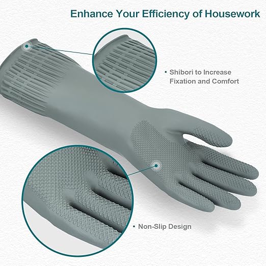 Mamison 2 Pairs Reusable Waterproof Household Dishwashing Cleaning Rubber Gloves, Non-Slip Kitchen Glove (Grey, Medium (Pack of 2))
