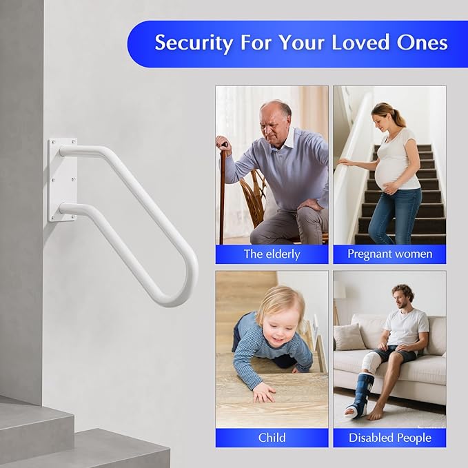 Hand Rails for Outdoor 1-2 Steps, Indoor Stairs, Bathroom, Wall Mount Non-Slip U-Shape Stair Hand Railing White 2 Pack