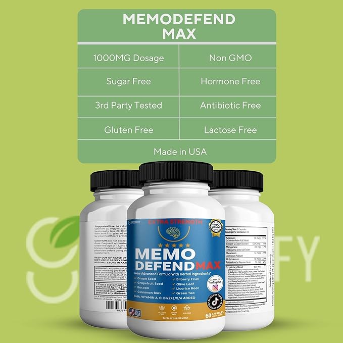 Memo Defend Max Memory Support Supplement, 60 Capsules, with Vitamins A C D E B Complex, DHA, Bacopa, Grapefruit Seed (2)