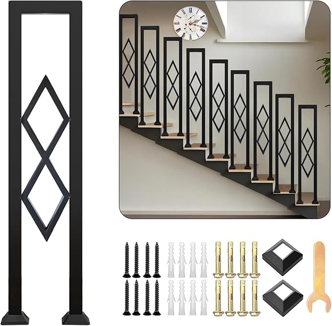 U-Shaped Stair Handrail, Black Wrought Iron Hand Rails Decorative Railing for Indoor Stairs, Porch Deck Loft Corridor Safety Non-Slip Support Poles, with Diamond Pattern (3FT/90CM)