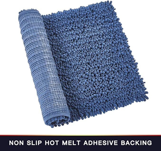 Walensee Bathroom Rug Non Slip Bath Mat (24x17 Inch Dark Blue) Water Absorbent Super Soft Shaggy Chenille Machine Washable Dry Extra Thick Perfect Absorbant Best Small Plush Carpet for Shower Floor
