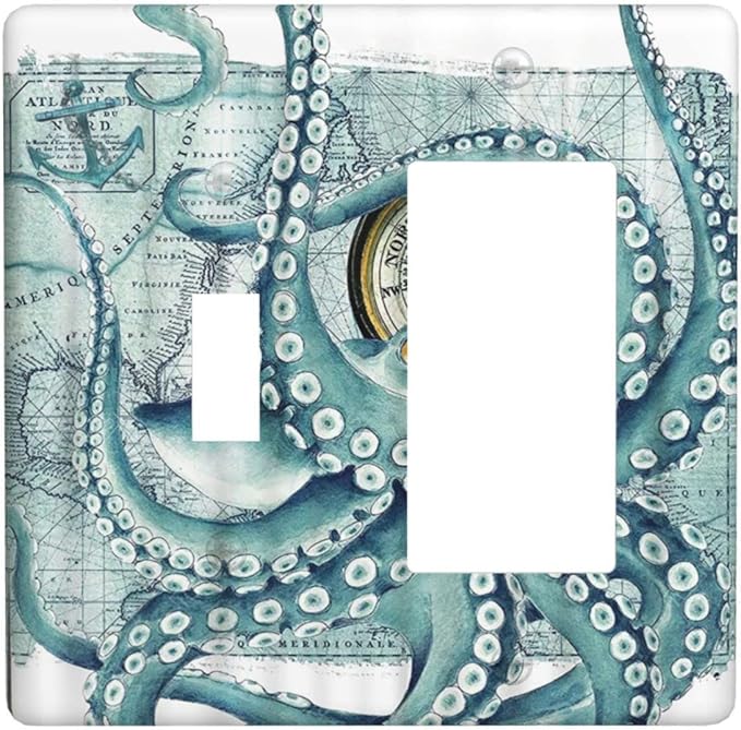 Vintage Nautical Octopus Eyes Funny Ocean Kraken 2 Gang Light Switch Cover Plate Decorative Combination Toggle Rocker/Decora Wall Plate Compass Pirate Map Electrical Switchplate for Bathroom
