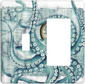 Vintage Nautical Octopus Eyes Funny Ocean Kraken 2 Gang Light Switch Cover Plate Decorative Combination Toggle Rocker/Decora Wall Plate Compass Pirate Map Electrical Switchplate for Bathroom