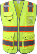 JKSafety 9 Pockets Hi-Vis Neon Yellow Color Zipper Front Safety Vest with Fluorescent Orange Extend Edge outlining the Reflective Tapes Meet ANSI/ISEA Class 2 Standard (901-Yellow, 4XL)
