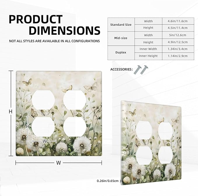 Dandelions Butterflies Watercolor Wildflowers Floral Outlet Covers 2 Gang Double Duplex Decorative Light Switch Covers Electrical Wallplates Socket Faceplate for Bedroom Living Room Decor