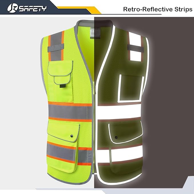 JKSafety 9 Pockets Hi-Vis Safety Vest Breathable Mesh Fabric Cushioned Collar Work Utility PPE Lightweight Industrial Work Gear ANSI/ISEA compliant (101-Yellow XL)