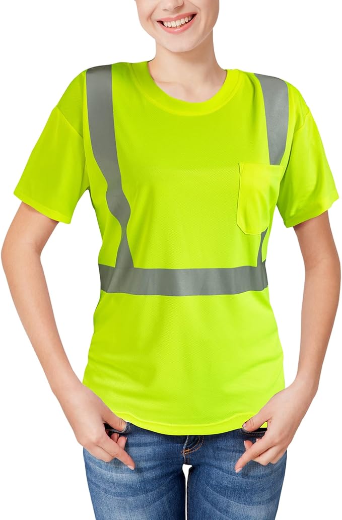 High Visibility Shirts Quick Dry Safety T Shirts with Reflective Strips and Pocket Short Sleeve Mesh Hi Vis Construction Work Class 2 Shirt for Men/Women Lime,Small