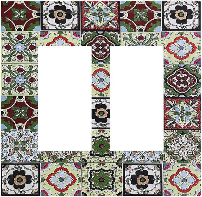 Decorative Outlet Covers Talavera Tile Decal 2 Gang Double GFCI Rocker Electrical Wall Panels Light Switch Cover Plate for Bedroom Bathroom Decor