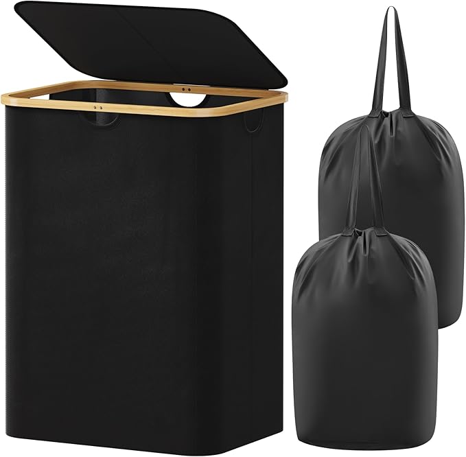 Lifewit 150L Laundry Basket with Lid, Clothes Hampers with Bamboo Handles and 2 Removable Bags, Large Foldable Laundry Hamper for Bedroom, Bathroom, Dorm, Black