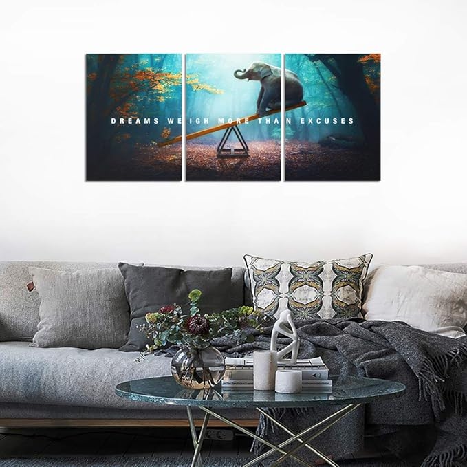 Unbruvo Elephant Wall Art for Office, Motivational Inspirational Canvas Wall Art, 3 Pieces Elephant Painting Prints Wall Decor for Living Room Bedroom Classroom Dorm(72”Wx36”H)