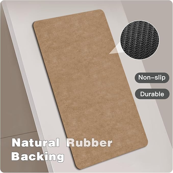Bathroom Mat Quick Dry, Bathroom Rugs Non Slip Washable Thin Absorbent Bath Mat Fits Under Door Bathroom Floor Mat Perfect for Bath, Shower, or Sink 20"x30" Camel