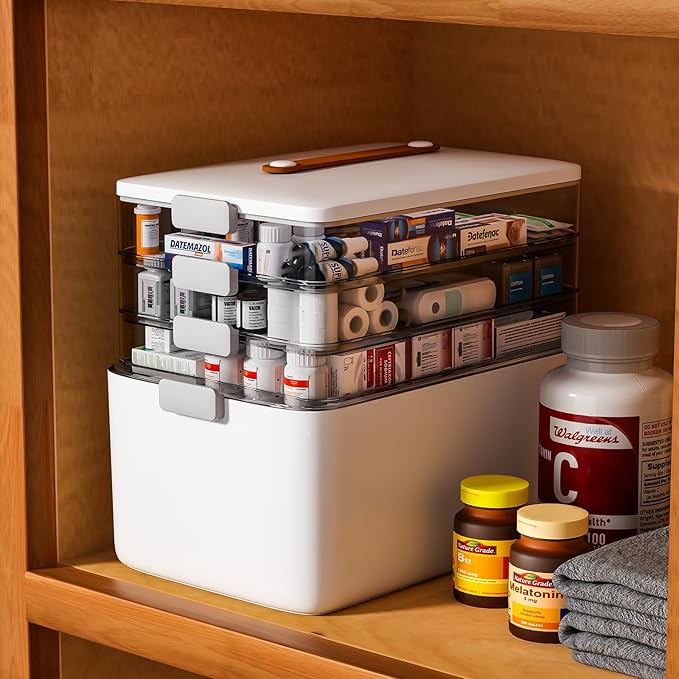 funest 4-Tier Medicine Storage Box Cabinet, Empty First Aid Kit Portable Medical Supply Organizer with Leather Handle for Home