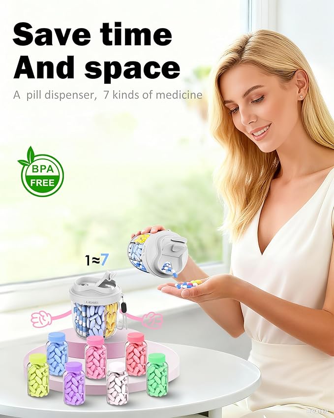 Cute Pill Organizer,Pill Dispenser with 7 Large Compartments,Portable Pill Bottle Box with Wide Opening for Easy Use, Anti-Mix Pills Organizer for Travel,Includes 20 Pcs Sticky Labels(Gray)