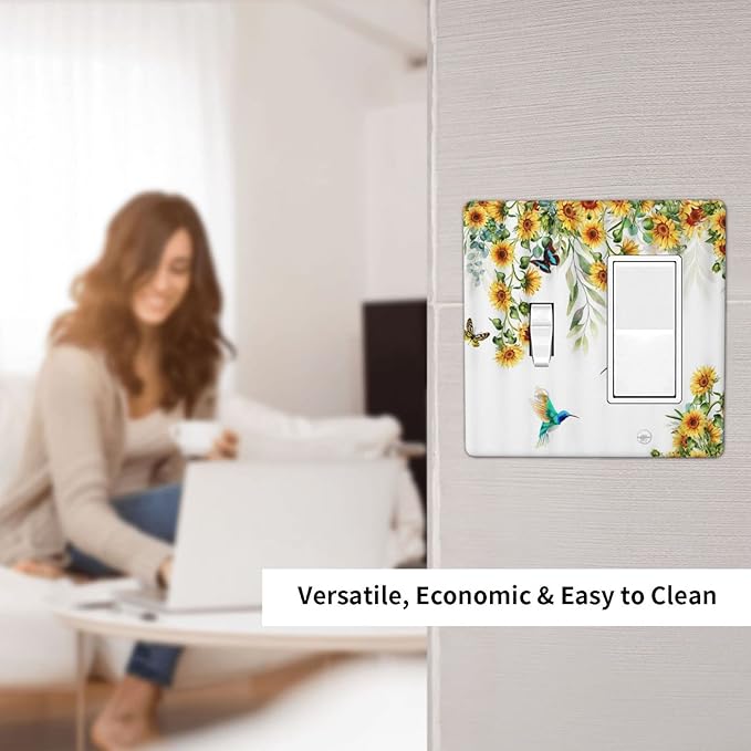 Yellow Sunflower Blue Hummingbird Butterfly 2 Gang Light Switch Cover Decorative Rustic Farmhouse Floral Plant Combination Toggle Rocker/Decora Wall Plate Electrical Switchplate for Bathroom