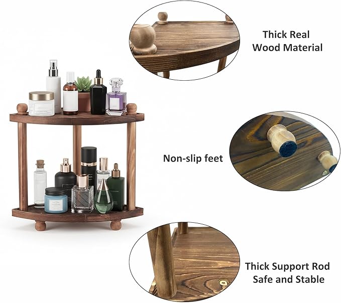 Corner Bathroom Counter Organizer, 2-Tier Bathroom Organizers and Storage, Wooden Makeup Vanity Perfume Organizer Shelf for Kitchen Dresser Countertop