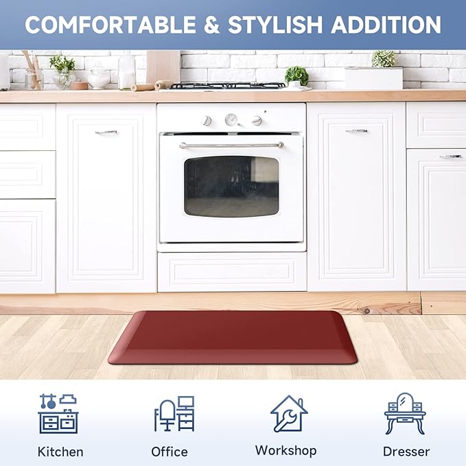 StepRite 4/5 Inch Thick Kitchen Mat Anti Fatigue Mat Kitchen Rugs Kitchen Decor Non-Slip, Stain & Water Resistant, Kitchen Mats Desk Mat for Kitchen, Office, Workshop, Red, 17'' x 28''