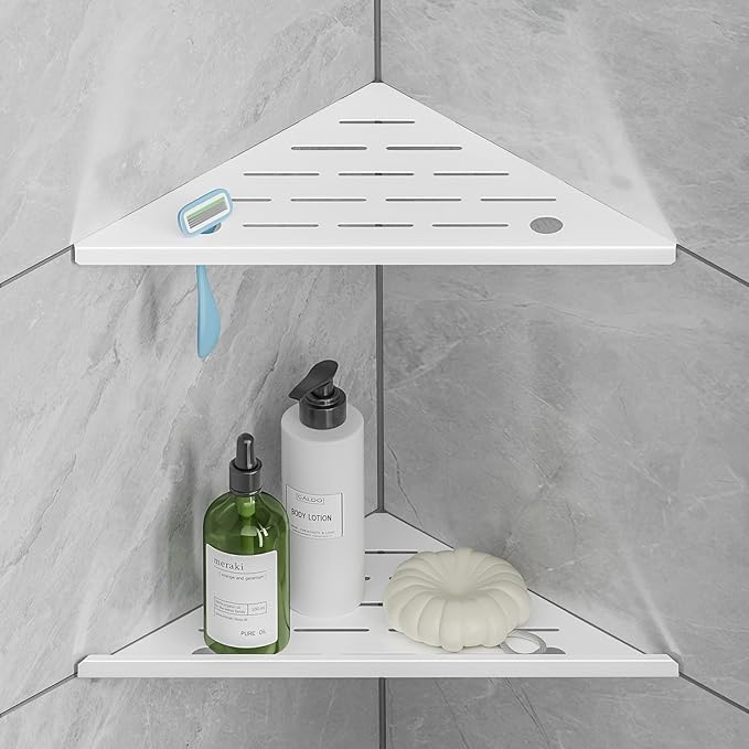 Corner Shower Shelf with Razor Hole, Rustproof Stainless Steel Shower Organizer, No Drilling Tile Shower Shelves, Modern Bathroom Shelf for Tile Wall, Grout in Shelf for Bathroom 2-Pack, 10"