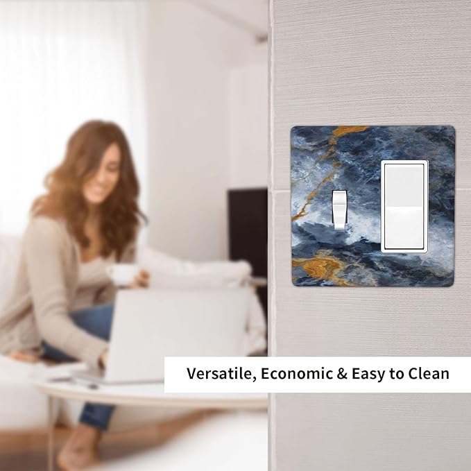 Decorative Outlet Covers Gold Dark Blue Gilt Haze Marble 2-Gang Combo Light Switch Cover Plate Single Toggle/Rocker Wall Plate Plug Switch Plate Covers for Bathroom Decor