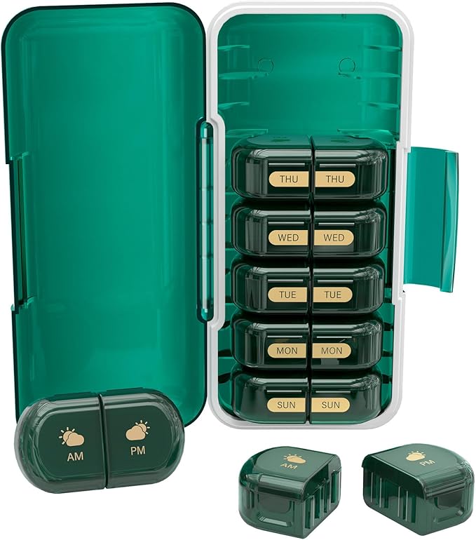 Weekly Pill Organizer 2 Times a Day, Moisture-Proof, Detachable Compartments, AM PM Pill Box 2X 7 Day, Travel Pill Organizer for Pills/Fish Oil/Medication/Vitamin/Supplements (Dark Green)