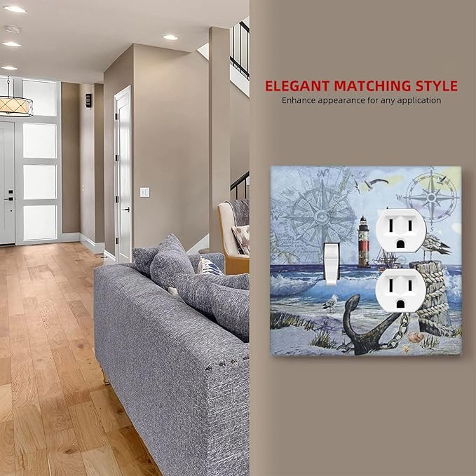 Decorative Light Switch Cover Plate Sea Ocean Sand Coast Compass Ship Lighthouse Anchor 2 Gang Outlet Covers 1 Toggle 1 Duplex Wall Plate Decorate Electrical Switch Plate Covers for Bathroom Bedroom