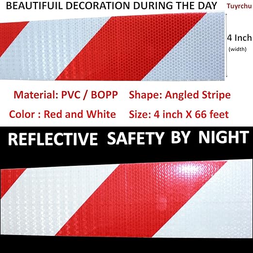 Reflective Tape Red and White 4 inch X 66 feet, Outdoor Waterproof Hazard Conspicuity Warning Industrial Marking Tape