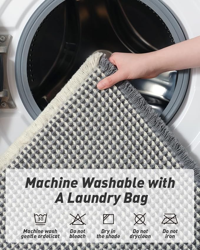 AMOAMI Upgraded Waffle Runner Rug Super Absorbent Non Slip Bath Mats for Bathroom Machine Washable Bathroom Runner Rug with Tassels, Ideal for Hallway Bedroom Laundry Room, 2' x 4', Darkgrey & Cream