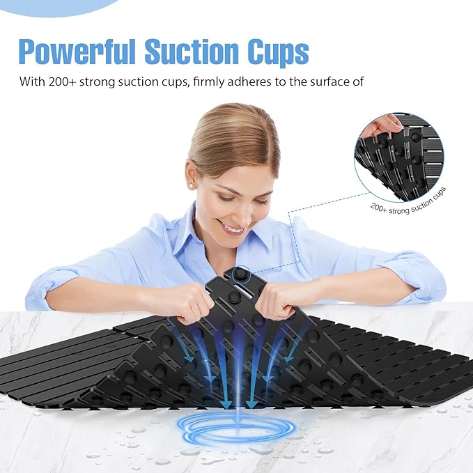 Shower Mat Non-Slip Bath Mat for Tub and Shower Stall,200+ Suction Cups with Drain Holes, Quick Dry Machine Washable, Extra Grip for Stand Up Showers, Bathroom Essentials 24x24 Inch(Black)