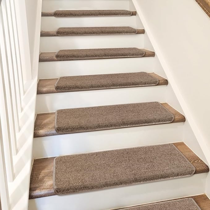 PURE ERA Bullnose Carpet Stair Treads Set Tape Free Non-Slip Indoor Stair Protectors Pet Friendly Rugs Covers Soft Skid Resistant Washable Reusable 9.5" x 30"(7 Pieces, Camel Brown)