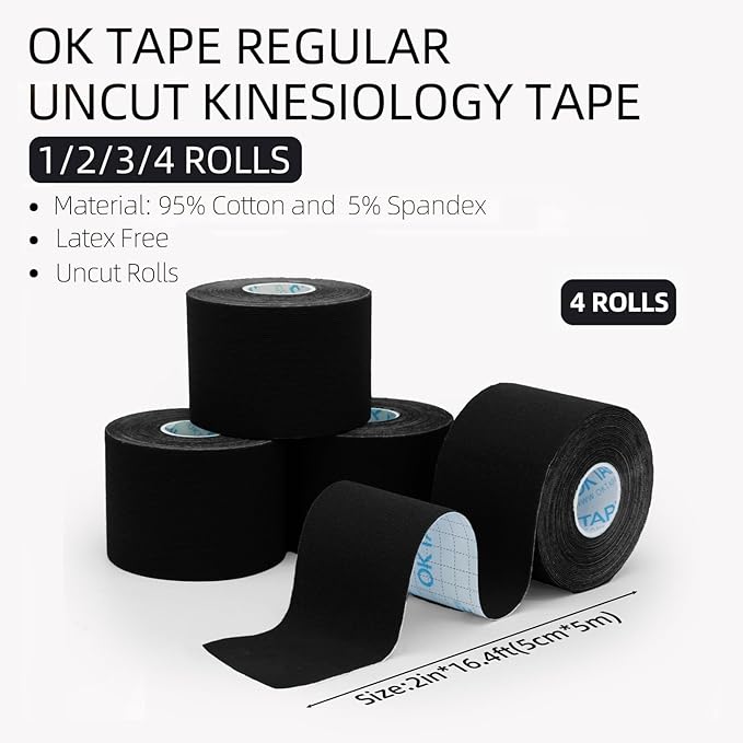 OK TAPE Regular Kinesiology Tape (4 Pack), Original Cotton Athletic Tape for Support Muscle Joint Knee, Sports Waterproof Tape Uncut Strips Latex Free, Hypoallergenic, 2in×16.4ft - Black