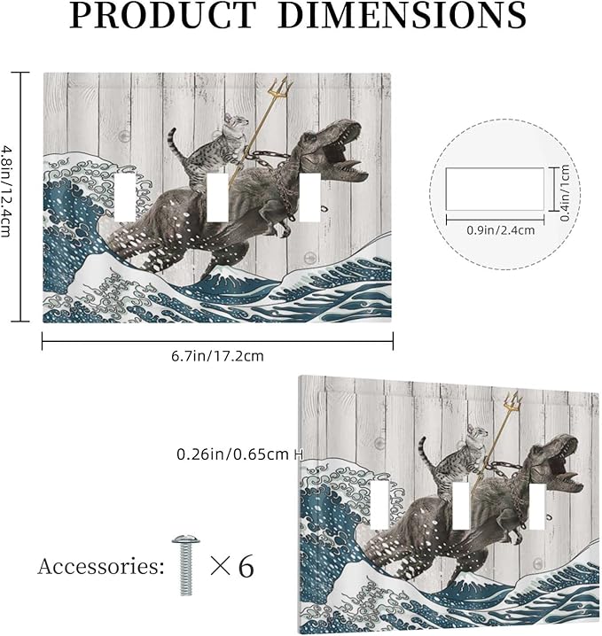 Triple Toggle Light Switch Cover Decorative Funny Cat Cool Cat Dinosaur Japanese Sea Waves Wood 3 Gang Wall Plate Covers 3 Hole Device Electrical Switchplate Faceplate for Farm Bathroom Decor