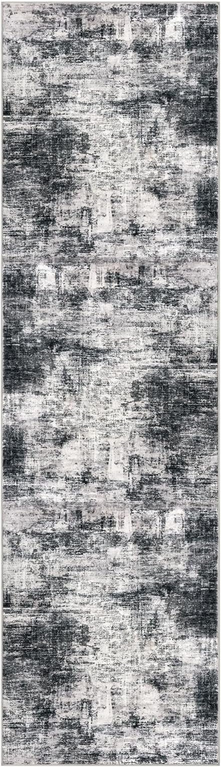 IOHOUZE Abstract Runner Rug 2x7 Ft Washable Runners for Hallways, Non Slip Kitchen Runner Printed Faux Wool Entryway Runners Indoor, Modern Abstract Floor Carpet for Hall Kitchen Bedroom, Black Gey