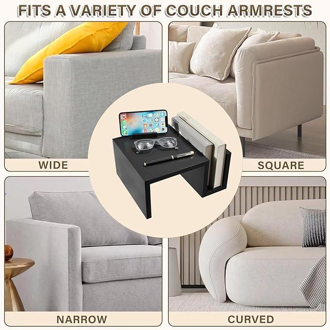 Wooden Couch Cup Holder with Side Storage Pocket Wooden Couch Armrest Table Sofa Arm Tray for TV Dinners Eating Drinks Snacks (Black)