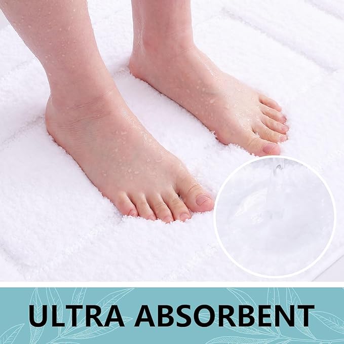 Buganda Bathroom Rugs, 59" x 24", Soft and Absorbent Microfiber Bath Rugs, Non-Slip Shaggy Shower Carpet, Machine Wash Dry Bath Mats for Bathroom Floor, Tub and Shower, White