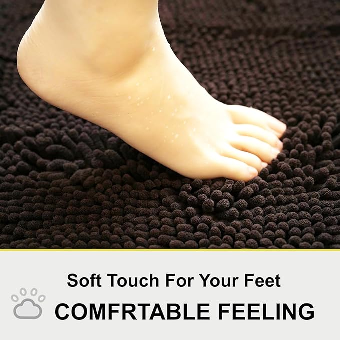 BOANKODU Bathroom Rugs Sets 2 Piece，47X16+16X24Inch，Absorbent Non-Slip Very Soft Chenille Mat,Machine Washable （Coffee）