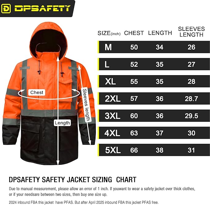 Reflective Jacket, High Visibility Parka, Waterproof Hi Vis, Safety Jacket with Removable Hood and Zipper, ANSI Class 3 (Orange,Large)
