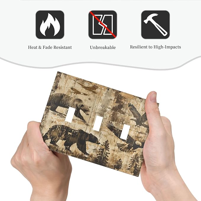 Decorative Switch Plates Vintage Cabin Wildlife Animal Bear Eagle Forest 3 Gang Wall Plate Triple Toggle Light Switch Cover Faceplate Electrical Wall Panels for Farmhouse Bedroom Decor