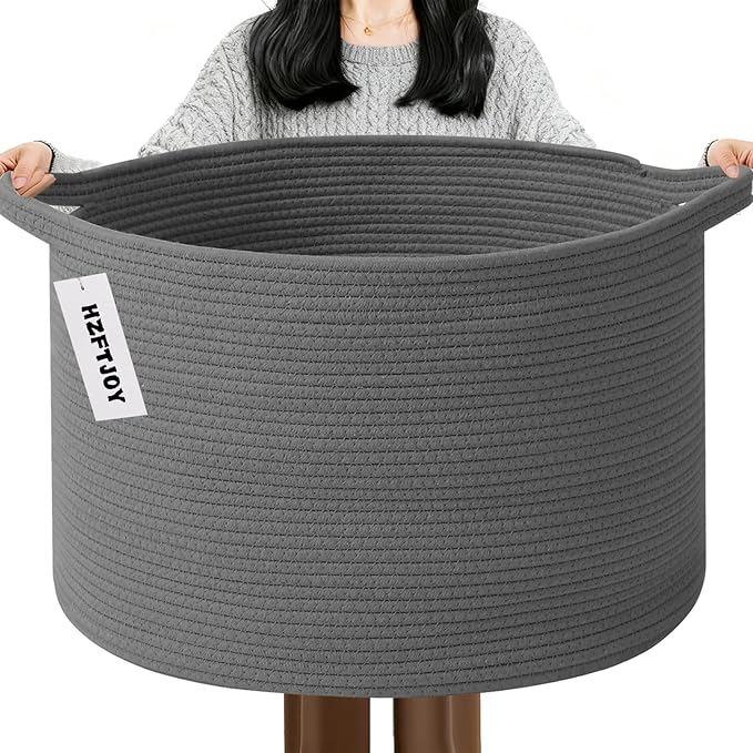 Large Storage Basket with Handle,23.6" x 23.6" x 15.7" Blanket Basket Storage Bins for Organizing,65L Cotton Rope Woven Baskets for Living Room, Nursery ,Bedroom,Dark Gry
