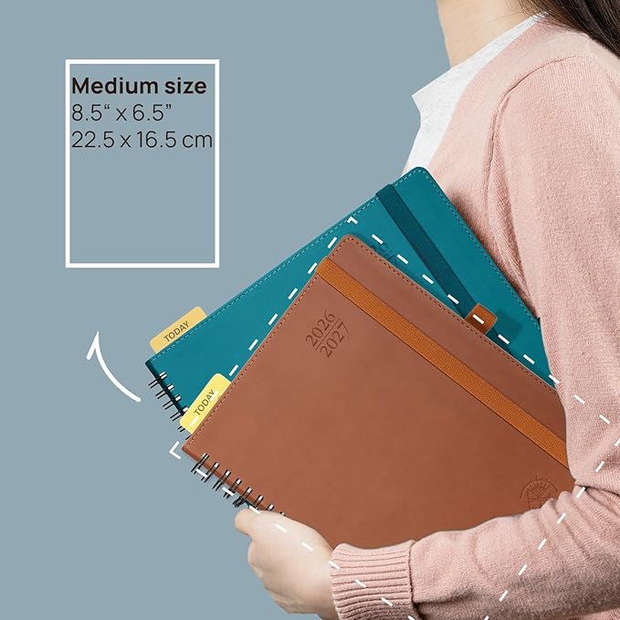 POPRUN Monthly Planner 2026-2027 (Medium 6.5" x 8.5") 18 Months Calendar (Jan 2026 - Jun 2027) - 4 Pages per Month with Expense & Notes, Stair-like tabs, Leather Cover, Sunday Starts - Black