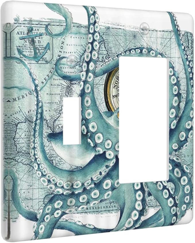 Vintage Nautical Octopus Eyes Funny Ocean Kraken 2 Gang Light Switch Cover Plate Decorative Combination Toggle Rocker/Decora Wall Plate Compass Pirate Map Electrical Switchplate for Bathroom