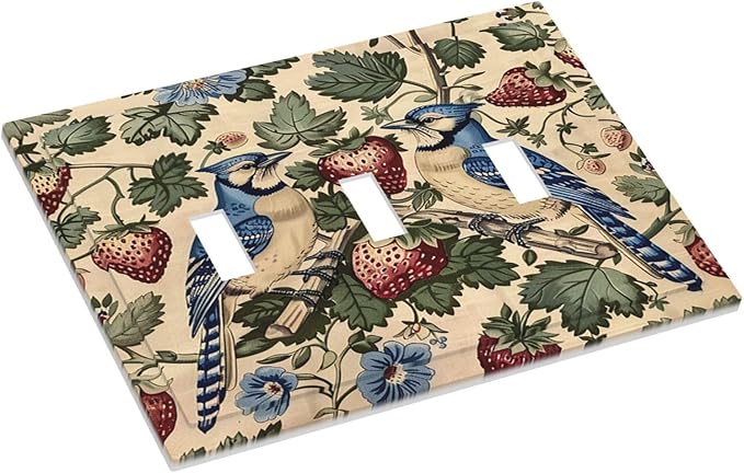 Decorative Switch Plates Vintage Floral Bird Strawberry Thief William Morris 3 Gang Wall Plate Triple Toggle Light Switch Cover Faceplate Electrical Wall Panels for Bedroom Home Decor