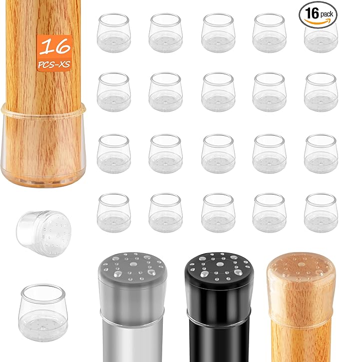 16pcs Chair Leg Protectors for Carpet, Round Bar Stools Feet Glides Covers Caps Furniture Foot Sliders with Plastic Pads, Damage-Free Move on Carpets (Fit:5/8"~13/16", Clear)