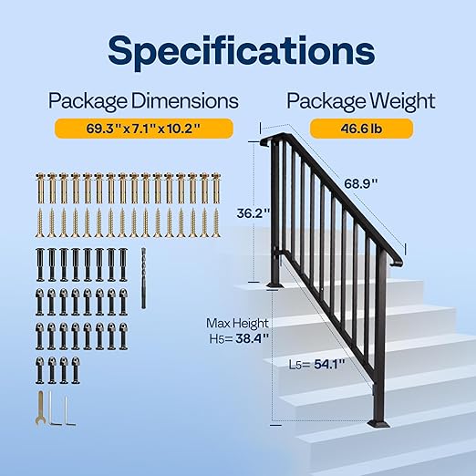 VIVOHOME 2-Pack 5 Step Galvanized Steel Hand Rails for Outdoor Steps – Curved Ends and Safety Balusters Exterior Railing for Porch, Deck, or Indoor Stairs, Complete Installation Kit