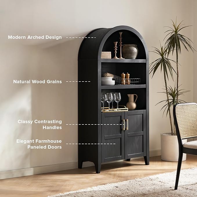 mopio Lauren 77.4" Tall Arched Cabinet, 5-Tier Arched Bookcase with Doors and Adjustable Shelves, Arch Bookshelf with Storage, Wooden Storage Cabinet for Living Room and Kitchen Pantry Set of 2, Black