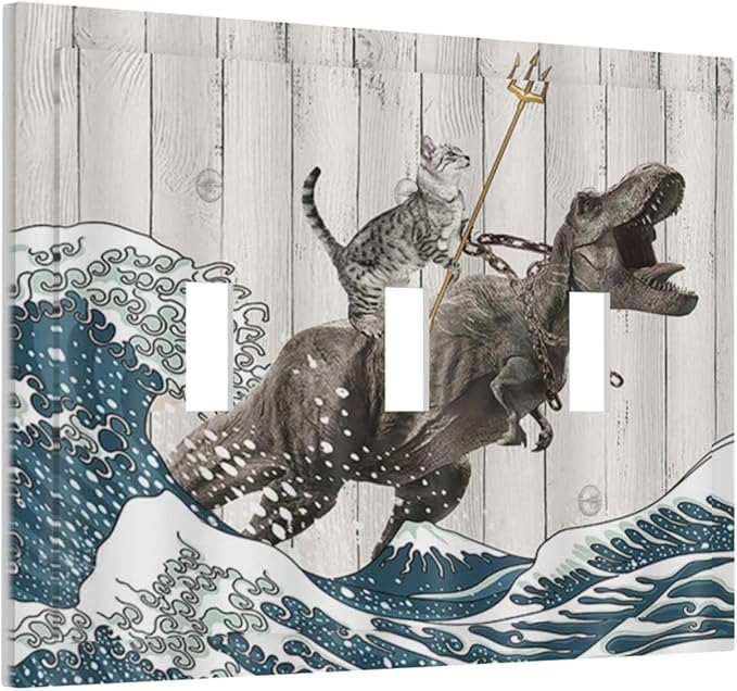 Triple Toggle Light Switch Cover Decorative Funny Cat Cool Cat Dinosaur Japanese Sea Waves Wood 3 Gang Wall Plate Covers 3 Hole Device Electrical Switchplate Faceplate for Farm Bathroom Decor